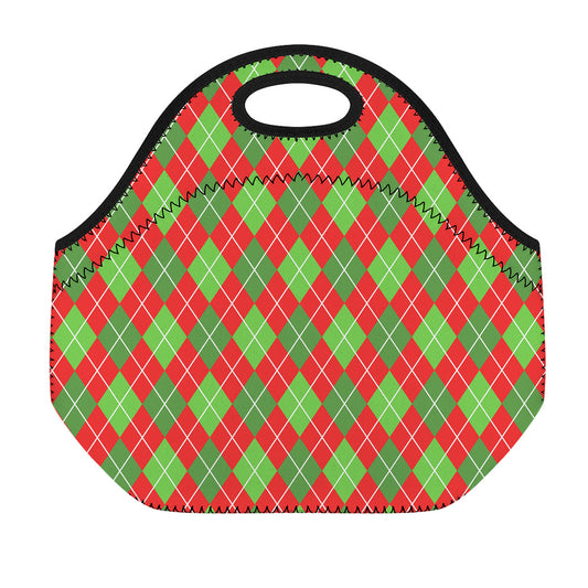 Red And Green Argyle Pattern Print Neoprene Lunch Bag