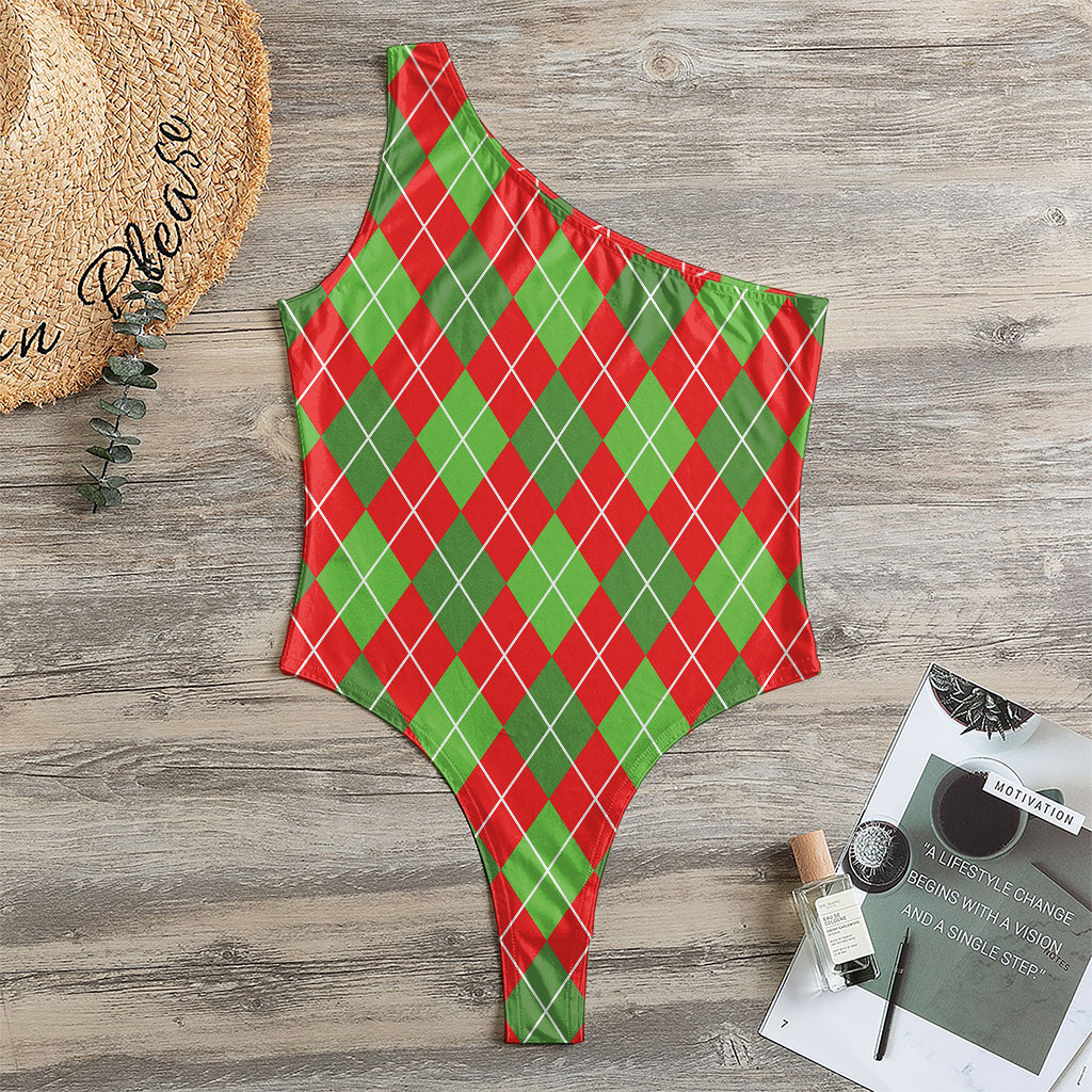 Red And Green Argyle Pattern Print One Shoulder Bodysuit