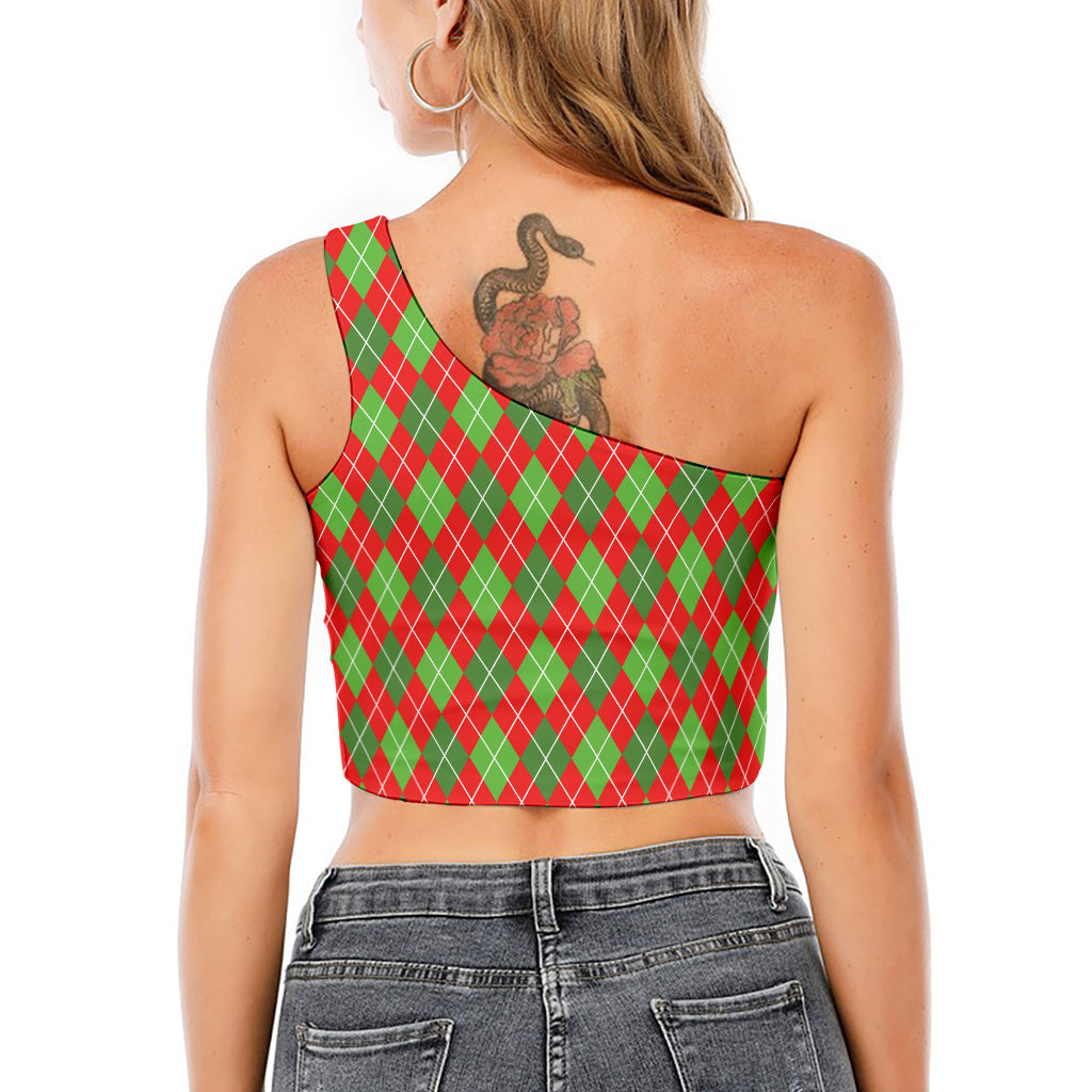 Red And Green Argyle Pattern Print One Shoulder Crop Top