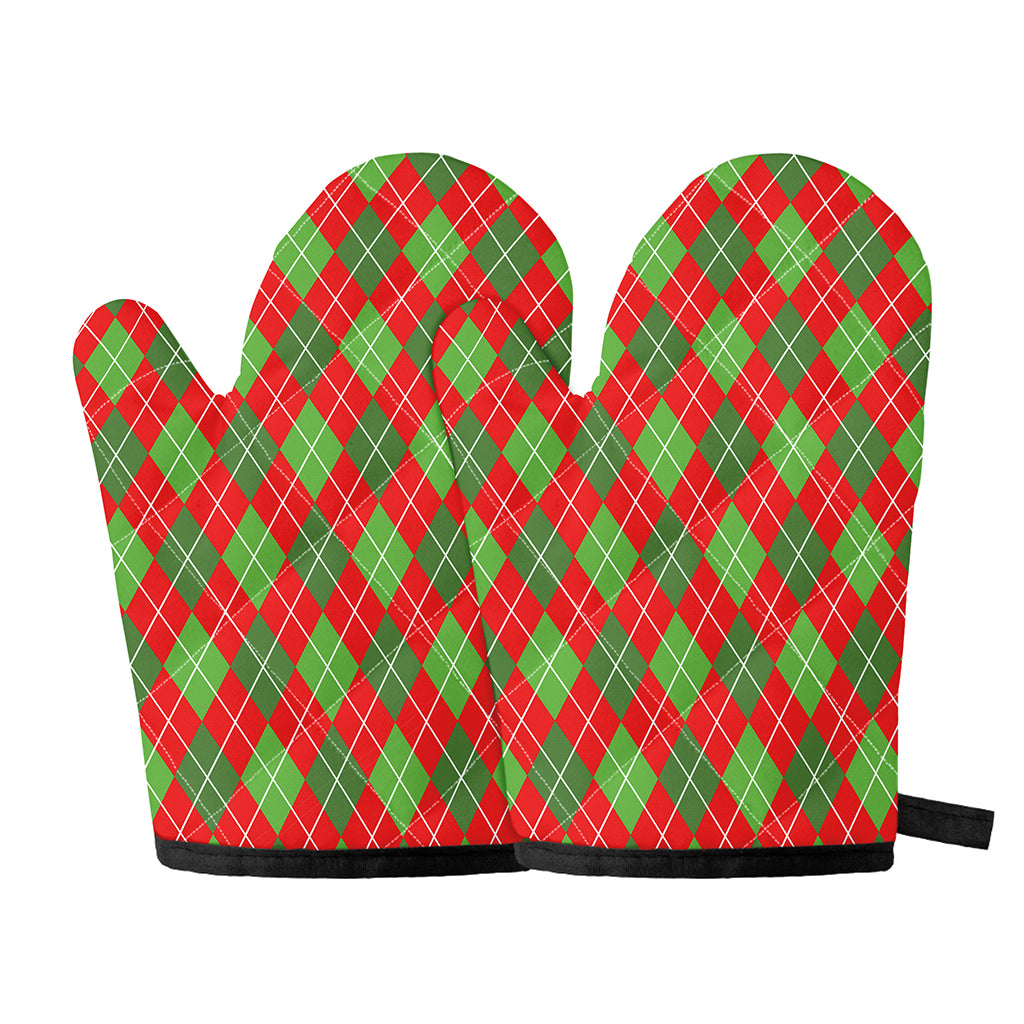 Red And Green Argyle Pattern Print Oven Mitts