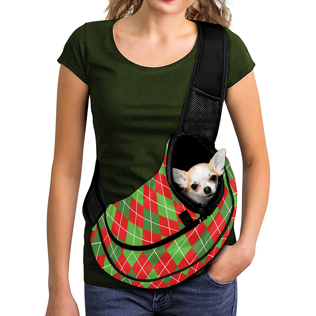 Red And Green Argyle Pattern Print Pet Sling Carrier