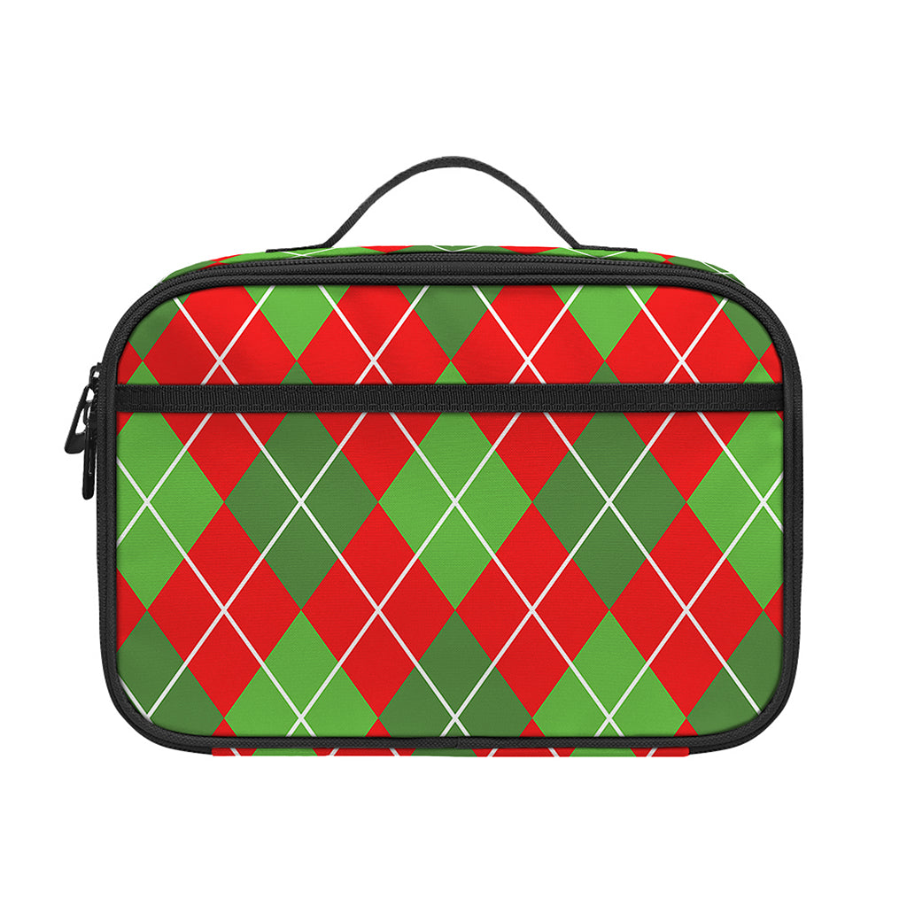 Red And Green Argyle Pattern Print Portable Lunch Bag