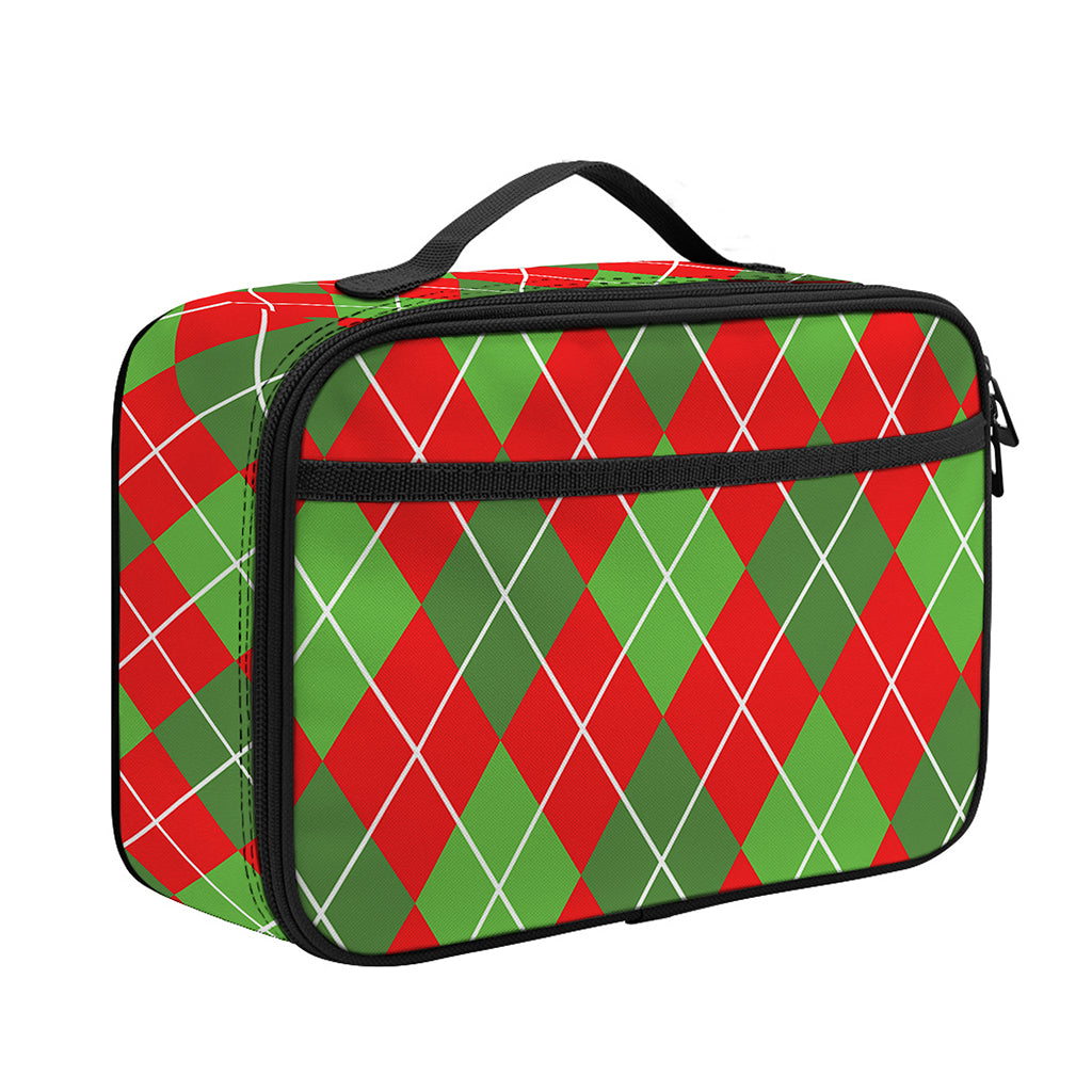 Red And Green Argyle Pattern Print Portable Lunch Bag