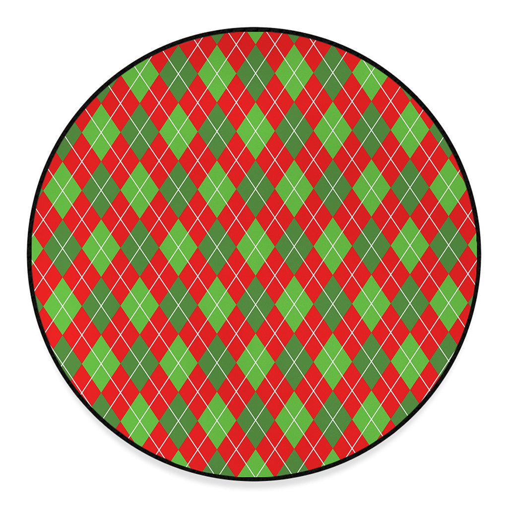 Red And Green Argyle Pattern Print Round Floor Mat