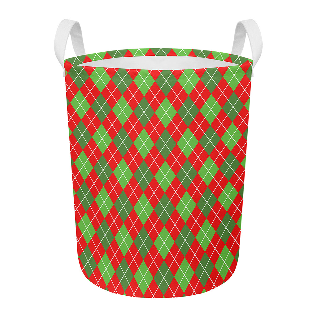 Red And Green Argyle Pattern Print Round Laundry Basket