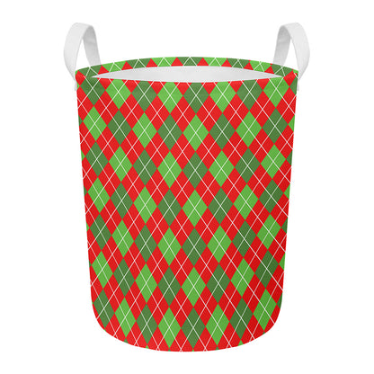 Red And Green Argyle Pattern Print Round Laundry Basket