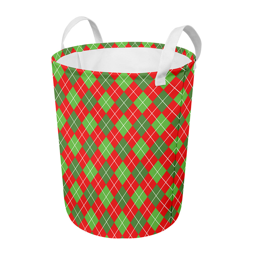 Red And Green Argyle Pattern Print Round Laundry Basket