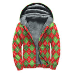 Red And Green Argyle Pattern Print Sherpa Lined Zip Up Hoodie
