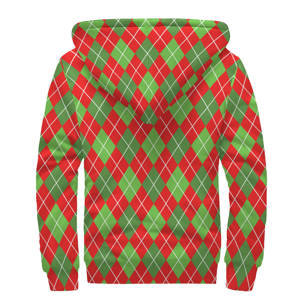 Red And Green Argyle Pattern Print Sherpa Lined Zip Up Hoodie