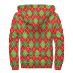 Red And Green Argyle Pattern Print Sherpa Lined Zip Up Hoodie