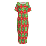 Red And Green Argyle Pattern Print Short Sleeve Long Nightdress