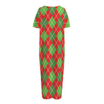 Red And Green Argyle Pattern Print Short Sleeve Long Nightdress