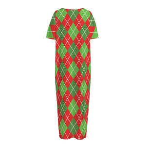 Red And Green Argyle Pattern Print Short Sleeve Long Nightdress