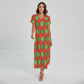 Red And Green Argyle Pattern Print Short Sleeve Maxi Dress