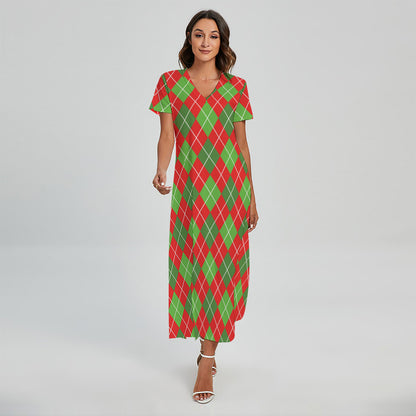 Red And Green Argyle Pattern Print Short Sleeve Maxi Dress