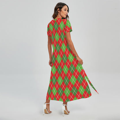 Red And Green Argyle Pattern Print Short Sleeve Maxi Dress