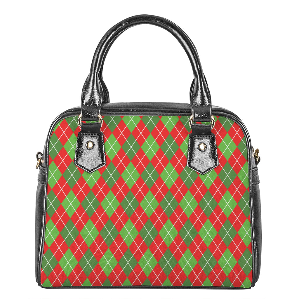 Red And Green Argyle Pattern Print Shoulder Handbag