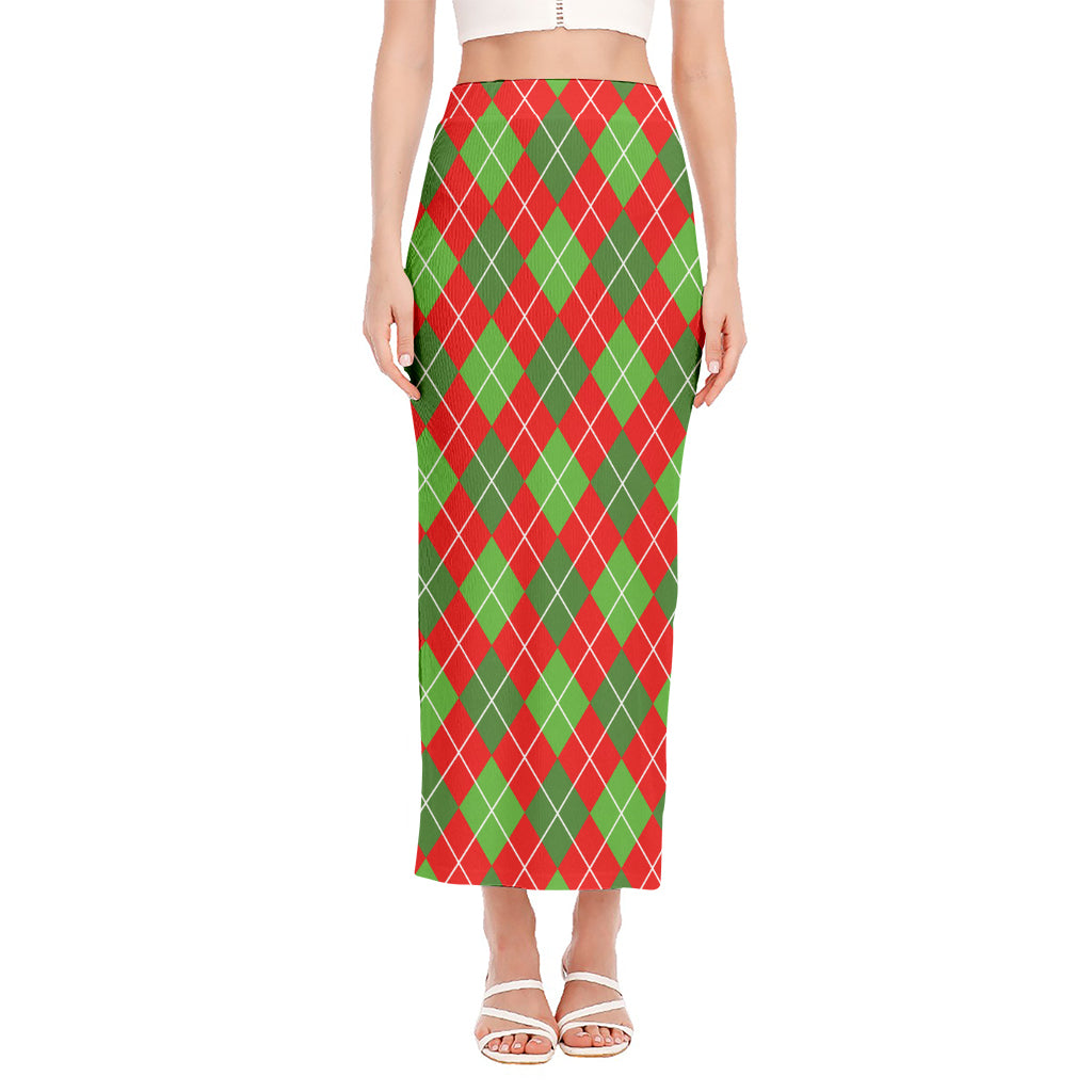Red And Green Argyle Pattern Print Side Slit Maxi Skirt