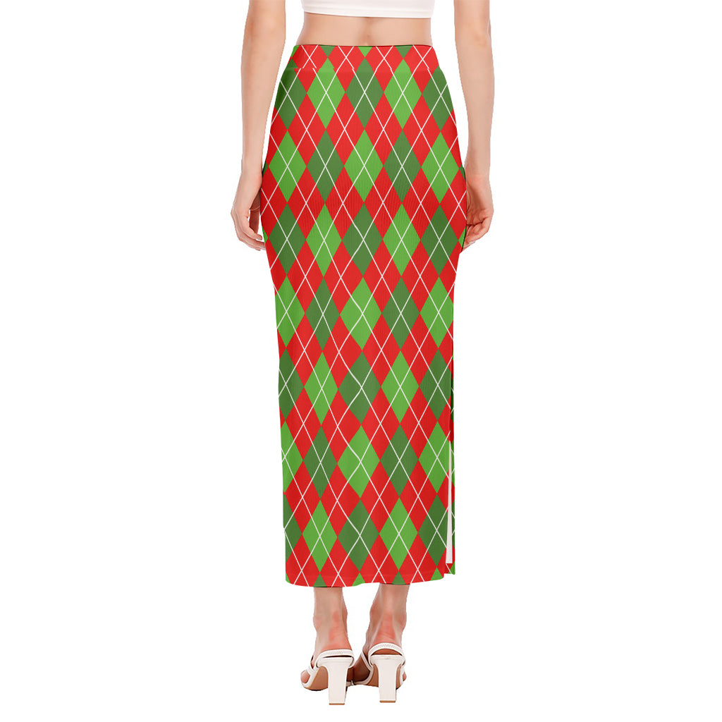 Red And Green Argyle Pattern Print Side Slit Maxi Skirt