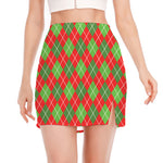 Red And Green Argyle Pattern Print Side Slit Mini Skirt