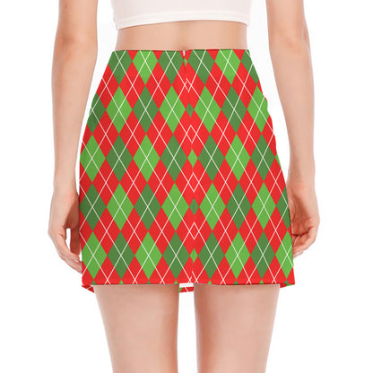 Red And Green Argyle Pattern Print Side Slit Mini Skirt