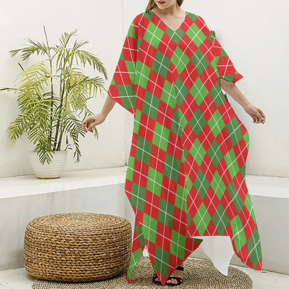 Red And Green Argyle Pattern Print Silk V-Neck Kaftan Dress