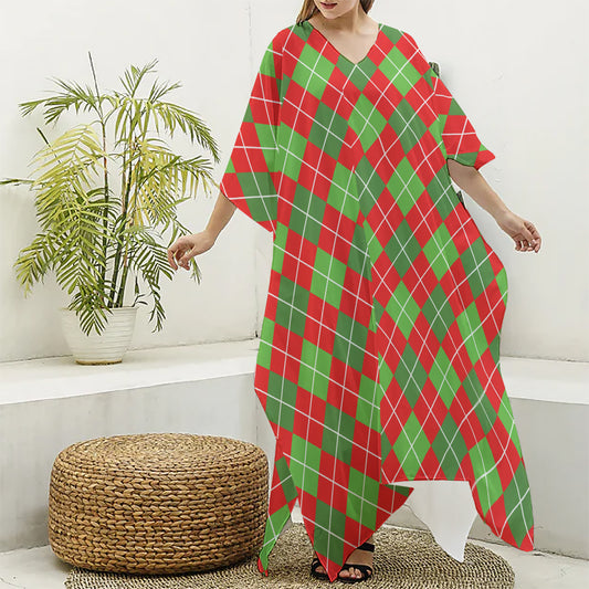 Red And Green Argyle Pattern Print Silk V-Neck Kaftan Dress