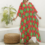 Red And Green Argyle Pattern Print Silk V-Neck Kaftan Dress