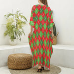 Red And Green Argyle Pattern Print Silk V-Neck Kaftan Dress
