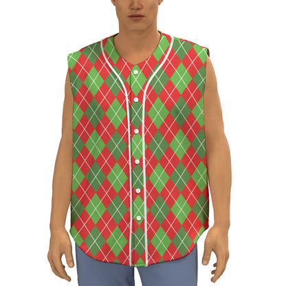 Red And Green Argyle Pattern Print Sleeveless Baseball Jersey