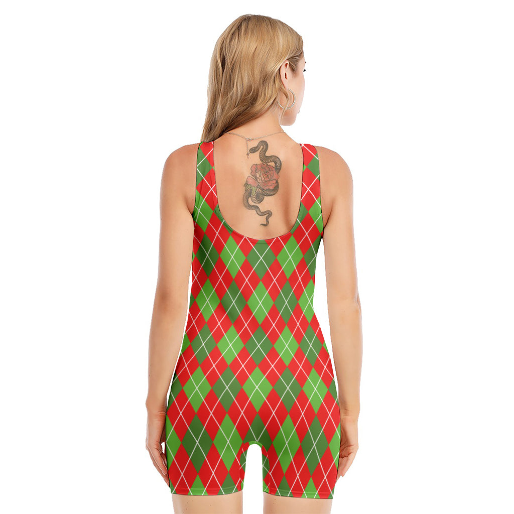 Red And Green Argyle Pattern Print Sleeveless One Piece Swimsuit