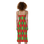 Red And Green Argyle Pattern Print Slim Fit Midi Cami Dress