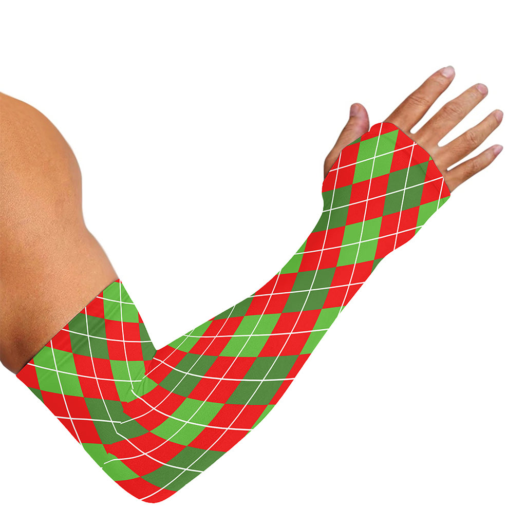 Red And Green Argyle Pattern Print Sun Protection Arm Sleeves