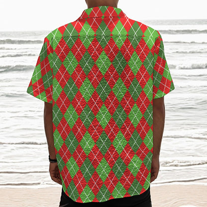 Red And Green Argyle Pattern Print Textured Short Sleeve Shirt