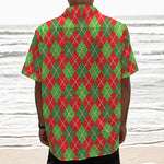 Red And Green Argyle Pattern Print Textured Short Sleeve Shirt