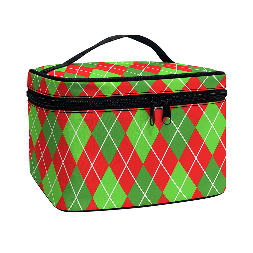 Red And Green Argyle Pattern Print Travel Makeup Bag