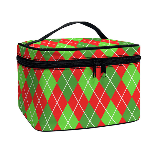 Red And Green Argyle Pattern Print Travel Makeup Bag