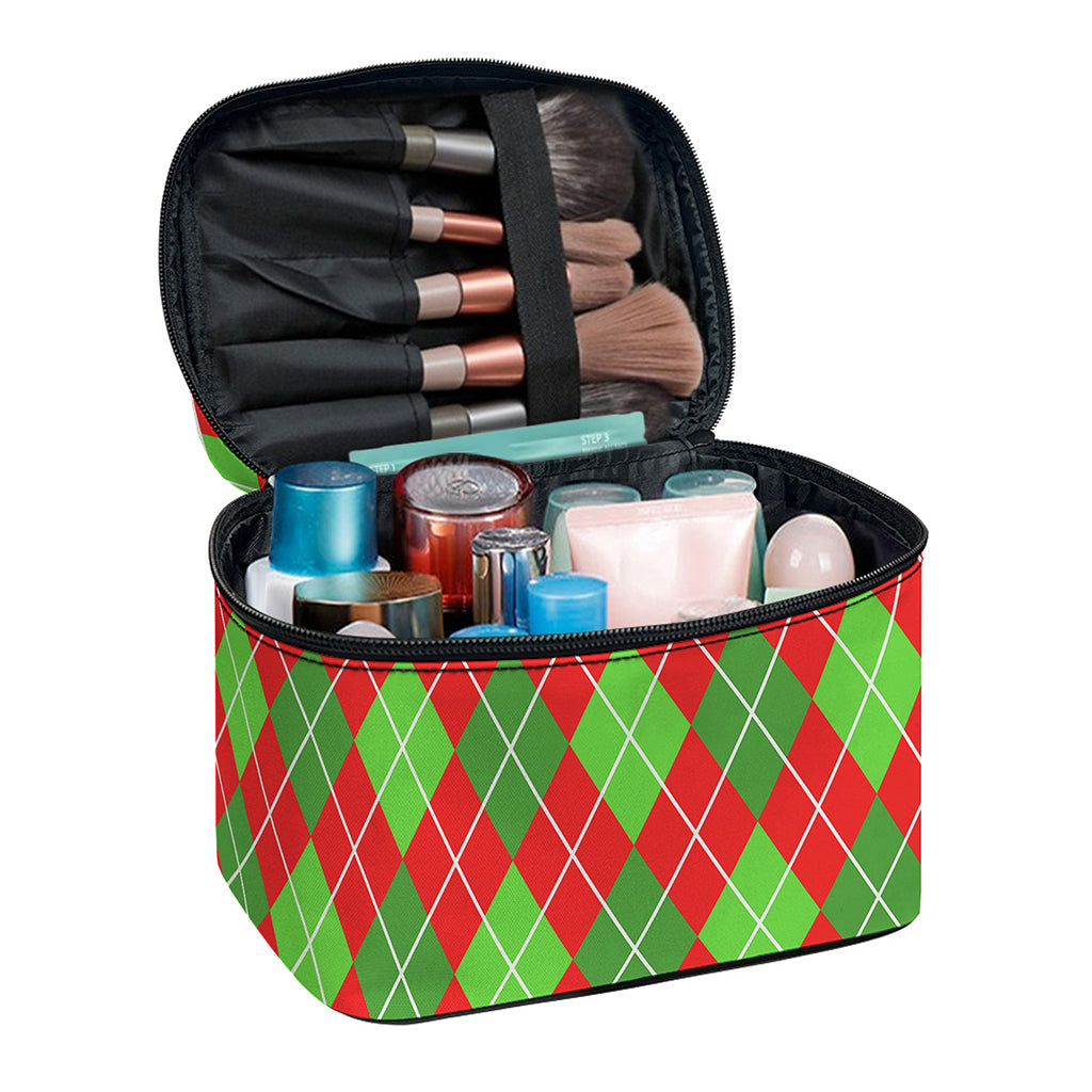 Red And Green Argyle Pattern Print Travel Makeup Bag
