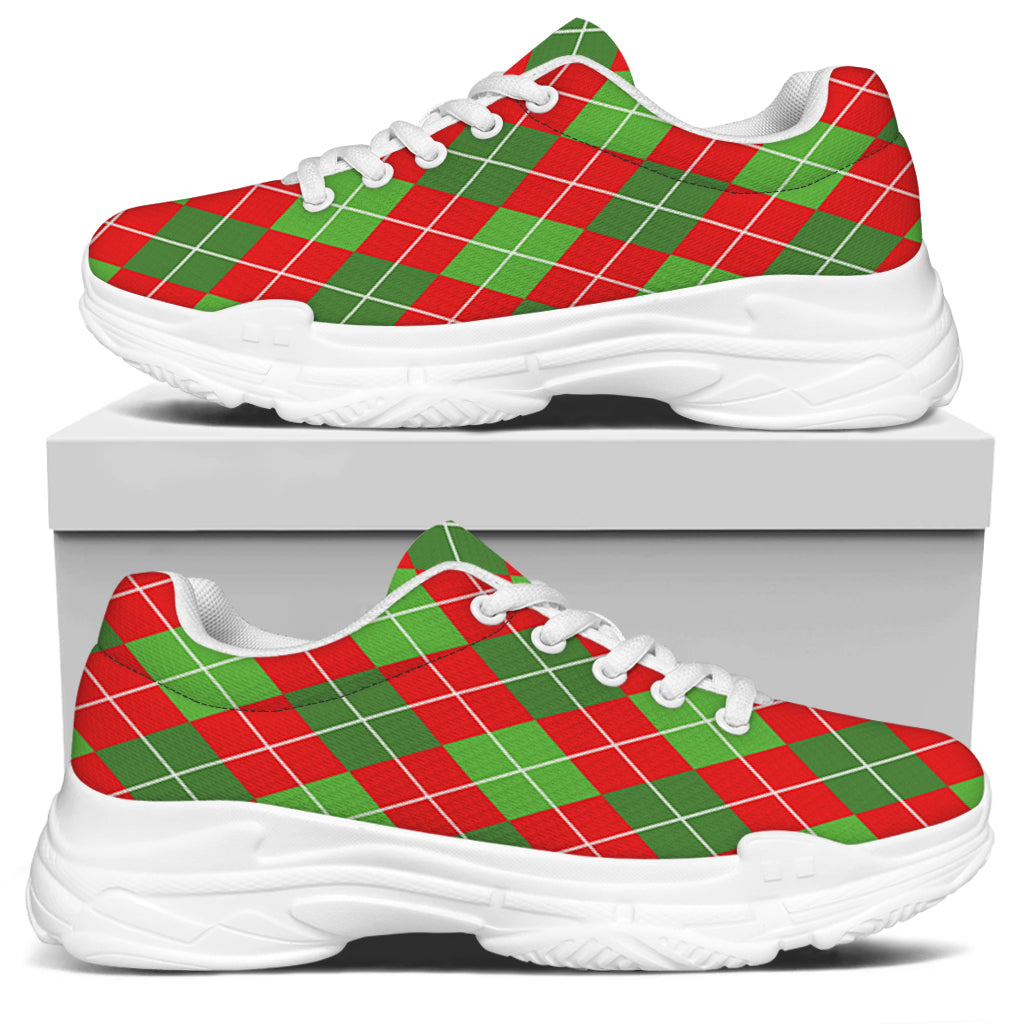 Red And Green Argyle Pattern Print White Chunky Shoes