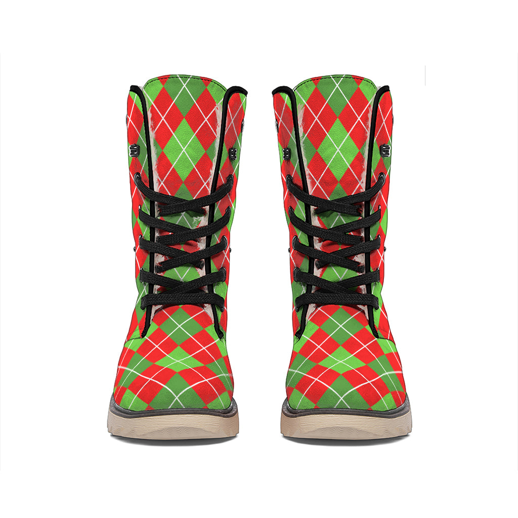 Red And Green Argyle Pattern Print Winter Boots