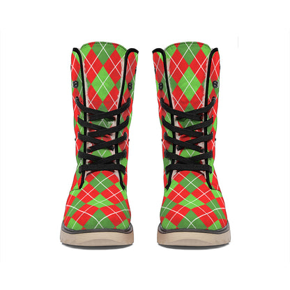 Red And Green Argyle Pattern Print Winter Boots
