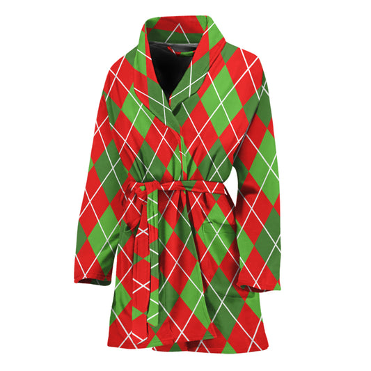 Red And Green Argyle Pattern Print Women's Bathrobe