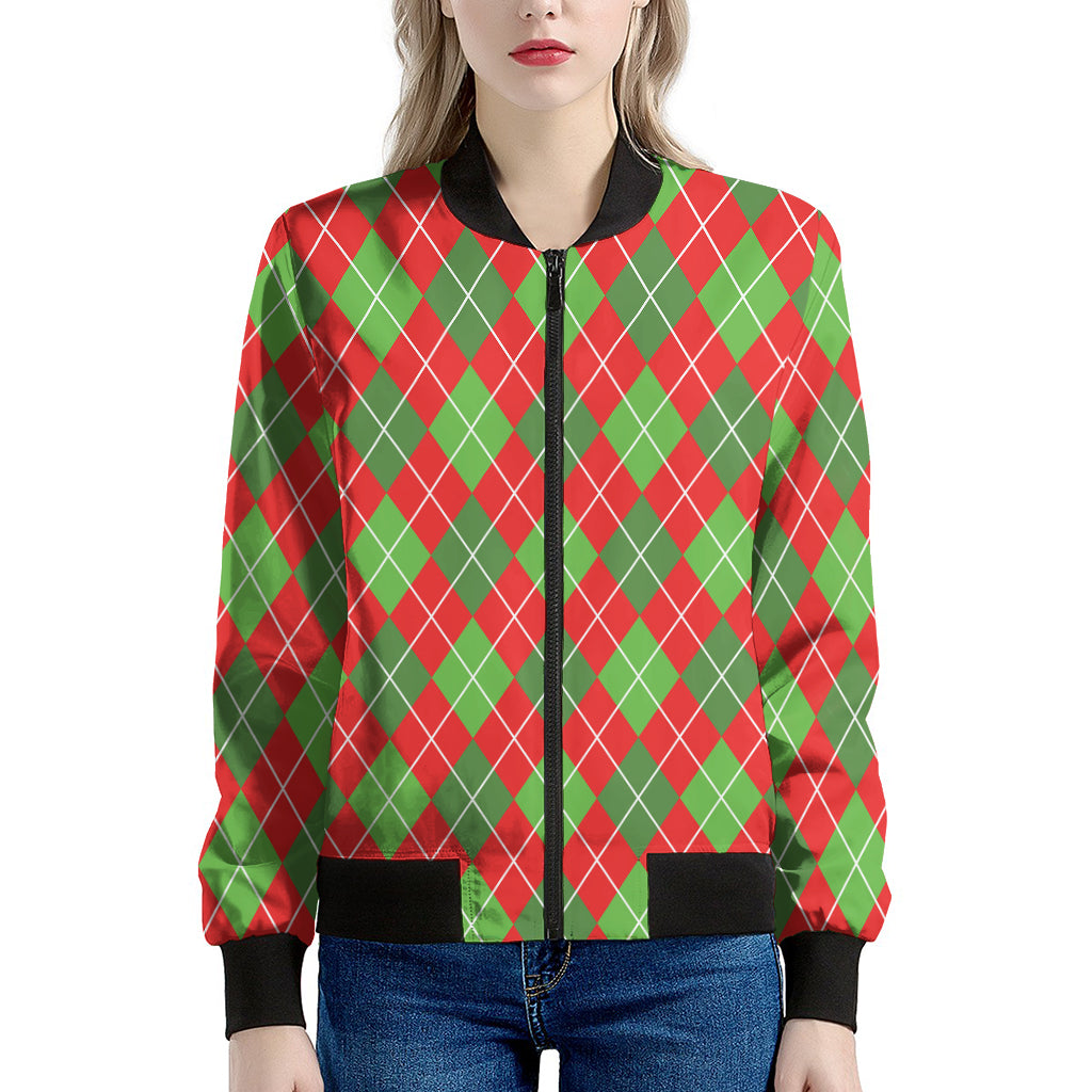 Red And Green Argyle Pattern Print Women's Bomber Jacket