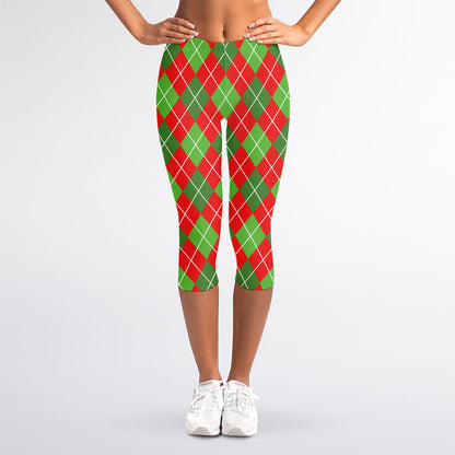 Red And Green Argyle Pattern Print Women's Capri Leggings