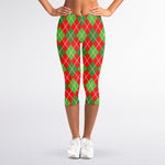 Red And Green Argyle Pattern Print Women's Capri Leggings