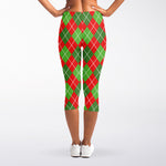 Red And Green Argyle Pattern Print Women's Capri Leggings