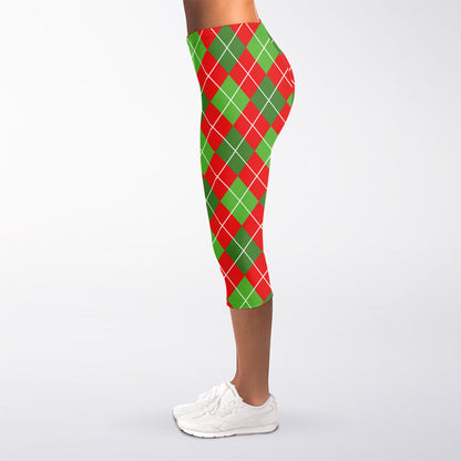 Red And Green Argyle Pattern Print Women's Capri Leggings