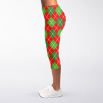 Red And Green Argyle Pattern Print Women's Capri Leggings