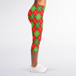 Red And Green Argyle Pattern Print Women's Capri Leggings