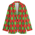 Red And Green Argyle Pattern Print Women's Cotton Blazer